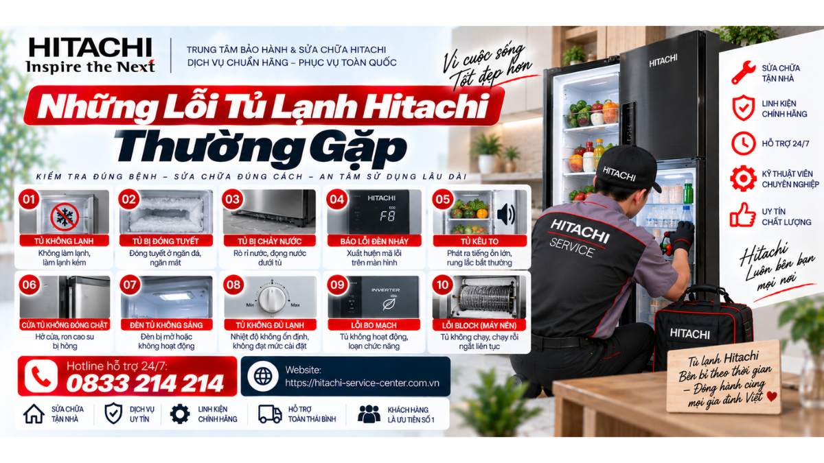 Những lỗi tủ lạnh Hitachi thường gặp Website: https://hitachi-service-center.com.vn Hotline hỗ trợ 24/7: 📞 0833 214 214 Uy Tín