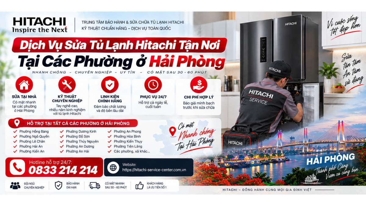 Dịch vụ sửa tủ lạnh Hitachi tận nơi tại các phường ở Hải Phòng Website: https://hitachi-service-center.com.vn Hotline hỗ trợ 24/7: 📞 0833 214 214 Uy Tín